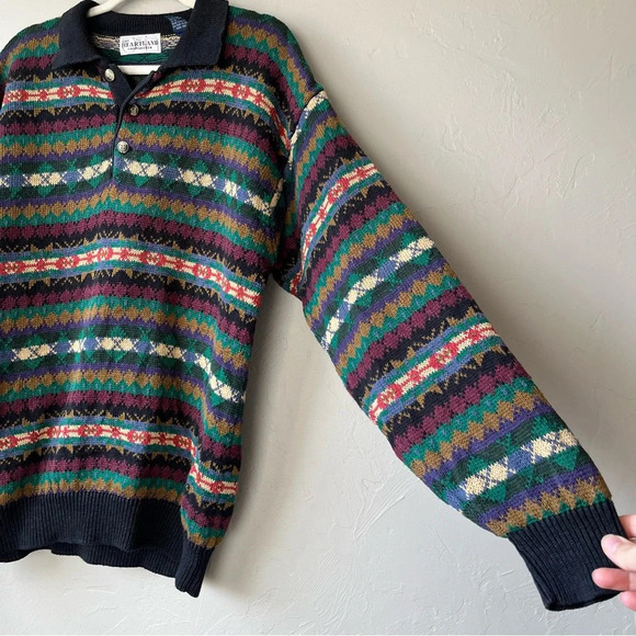 Mens vtg Sweater fair isle Henley collar 90s preppy cottage goblin retro plaid - Picture 3 of 10